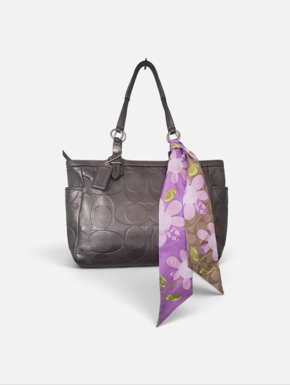 COACH Metallic Gunmetal Signature Leather Tote Bag & Silk Floral Scarf Bundle